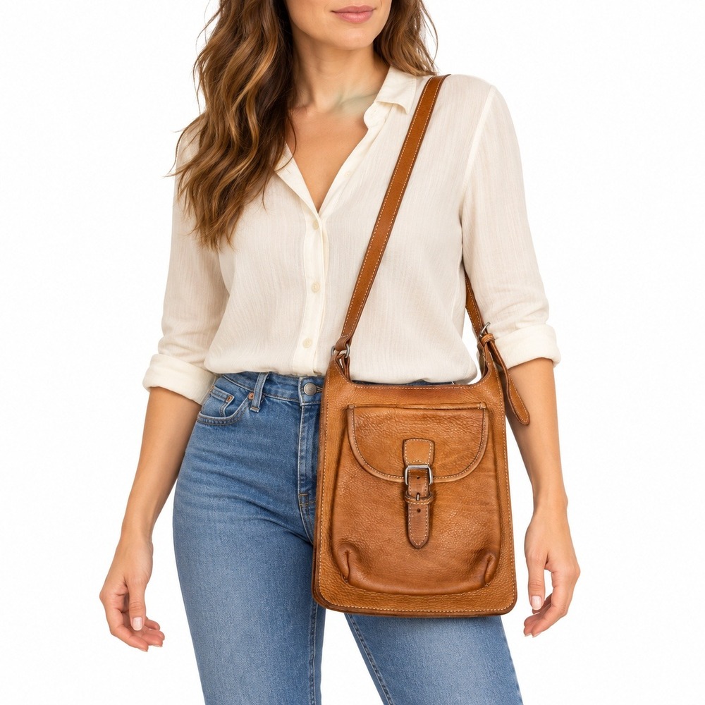 Hidden Cabin Crossbody Bag Womens Medium Brown Leather Buckle Front Pocket Slim